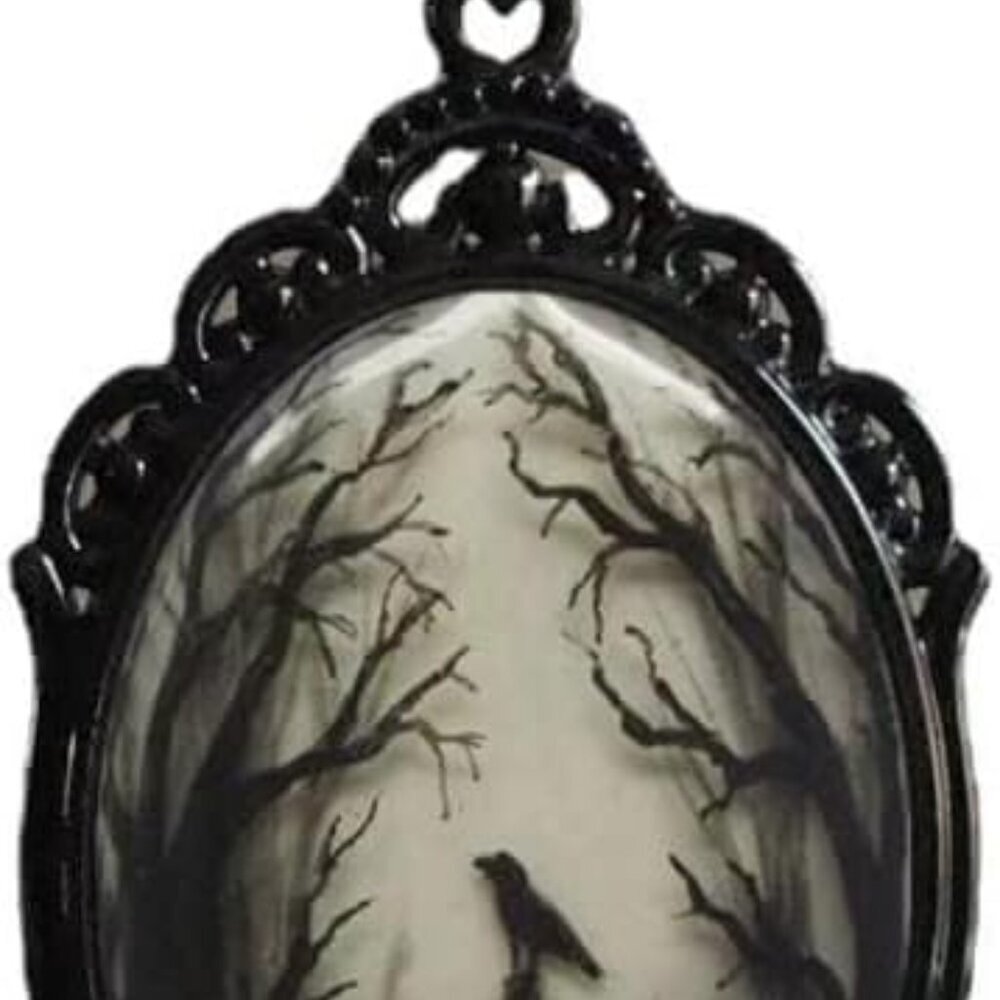 Raven Cross Glass Pendant Necklace - Vintage Gothic Rope Chain Crow Choker - Mys